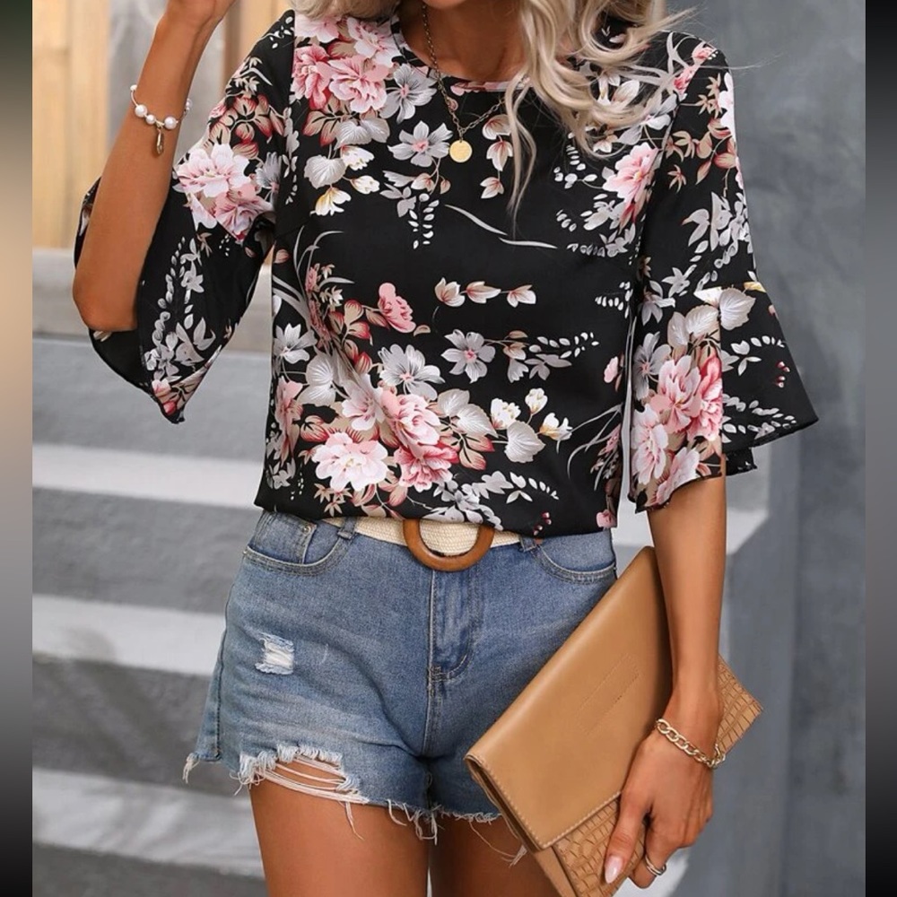Boho floral print flounce sleeve blouse
